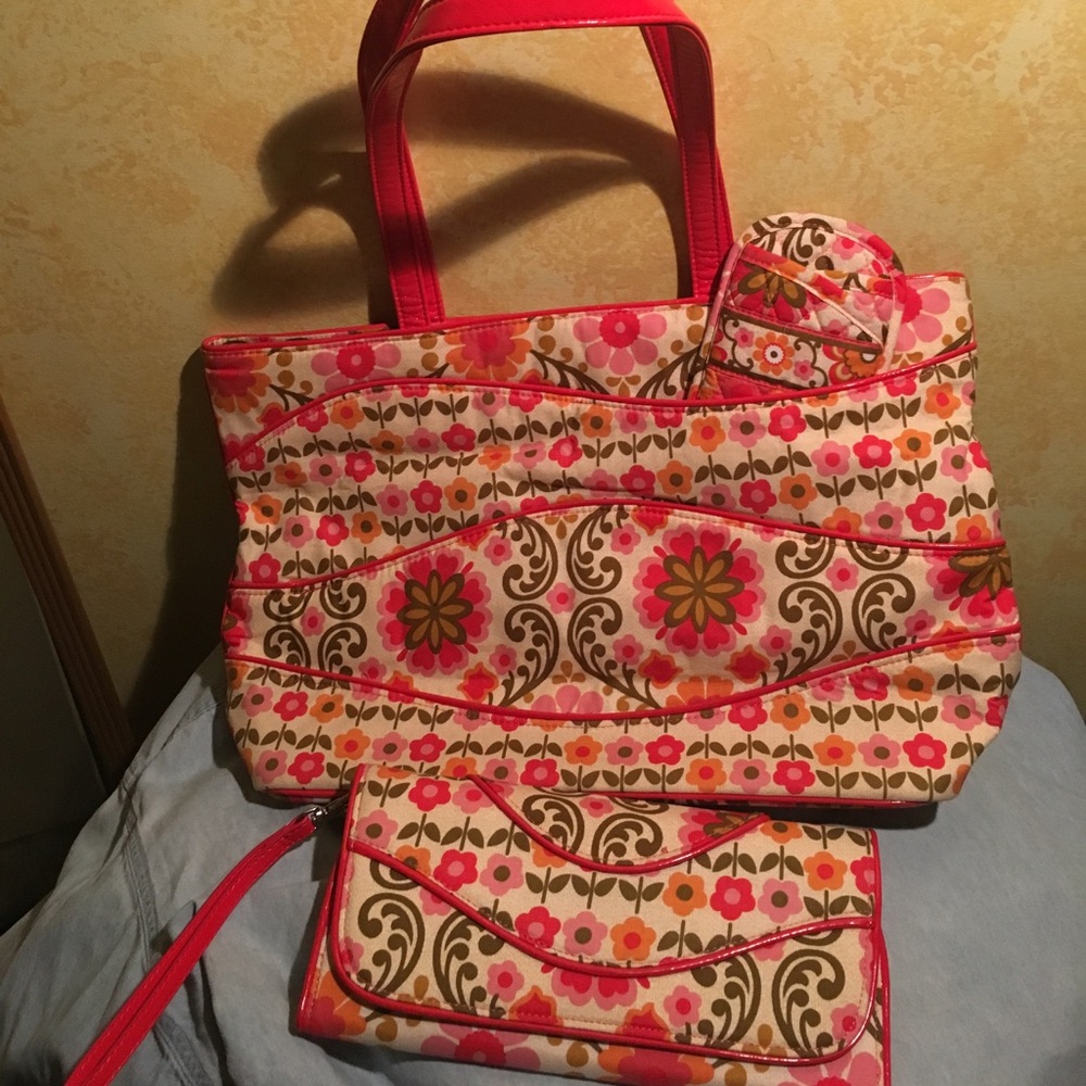 Vera Bradley Pink Orange Brown Floral Quilted Tote with Matching Wallet